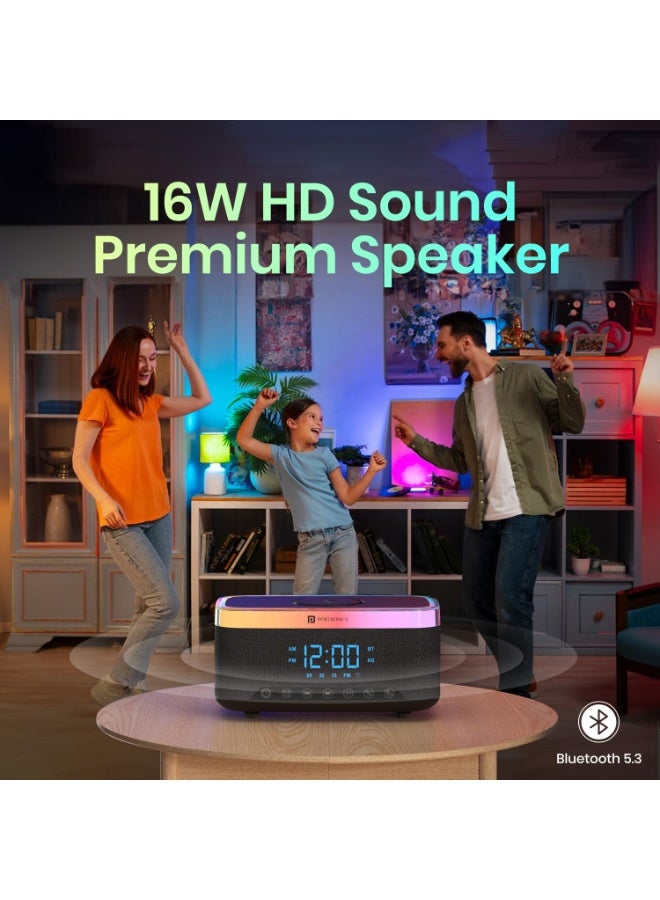 بورترونيكس Portronics Trifusion 16W HD Sound Bluetooth Speaker with 15W Wireless Charging, 360°RGB LED Lights, Digital Clock with Alarm Setting, Built-in White Noise, USB/SD Card/AUX in, Type C Charging(Black) - Image 3